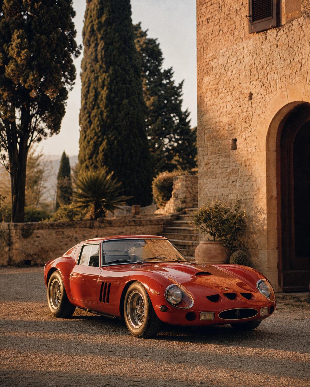 A red Ferrari 250 GTO in the courtyard of a limestone villa at golden hour